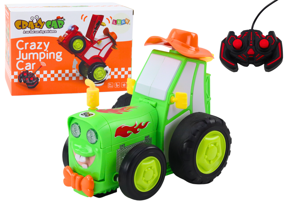 Traktor na dálkové ovládání skákající s akrobacemi zelený