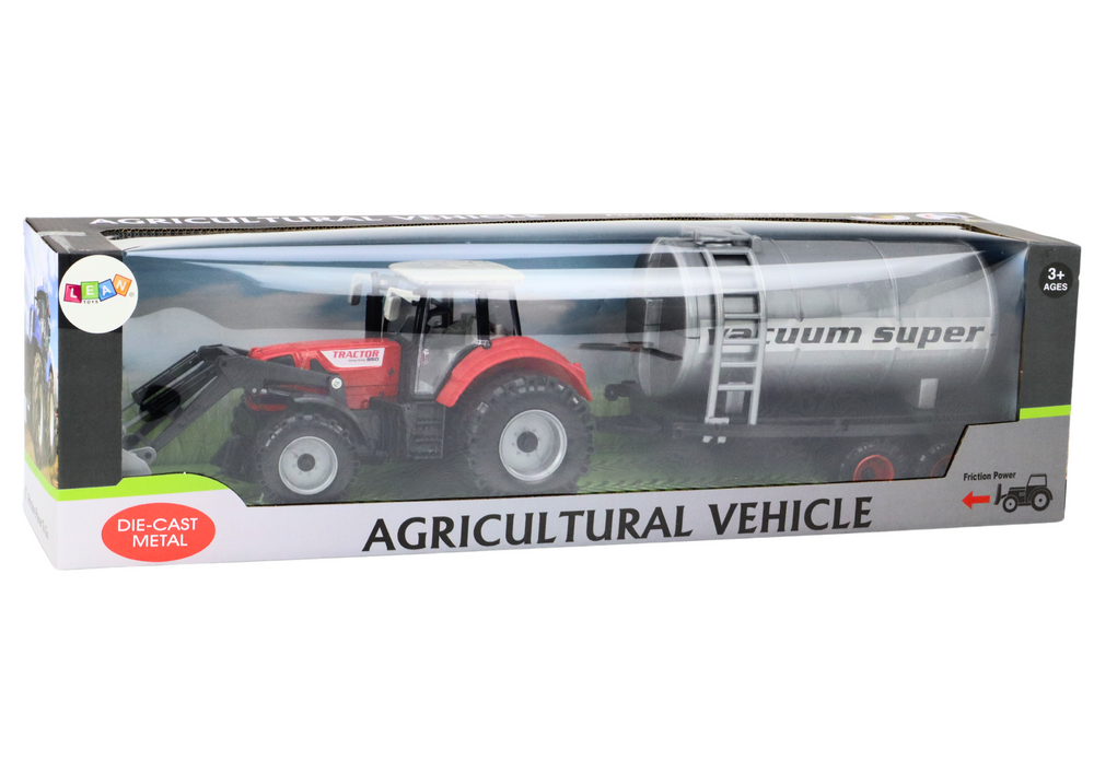 Traktor s bagrem a cisternou na setrvačník červený
