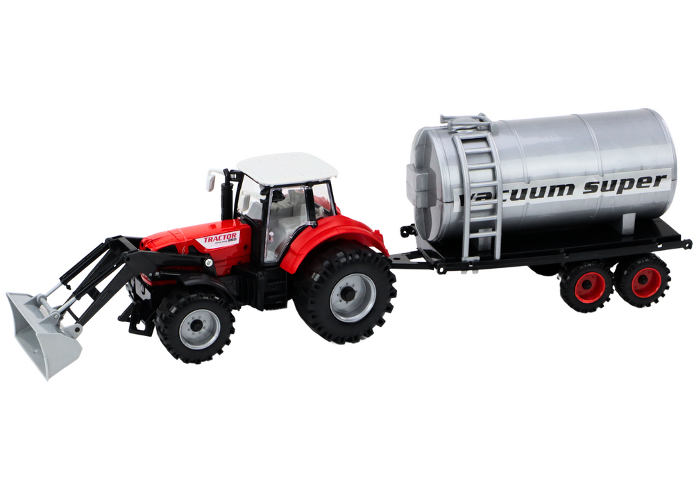 Traktor s bagrem a cisternou na setrvačník červený