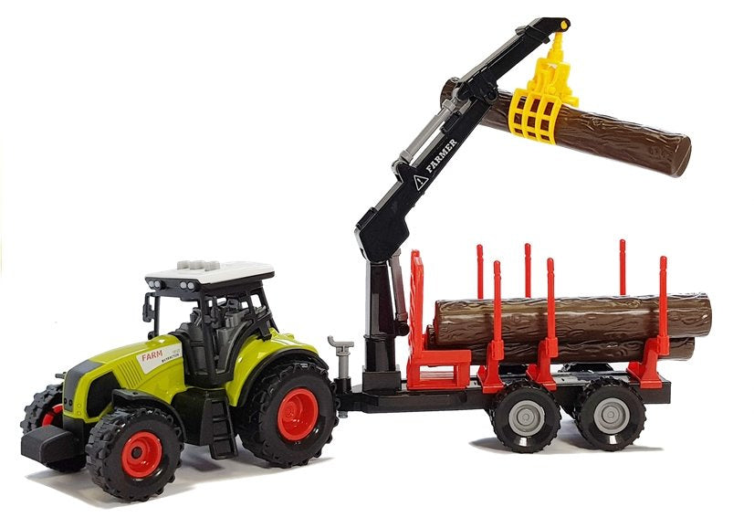 Traktor s lesním přívěsem jeřábem a dřevěnými kmeny