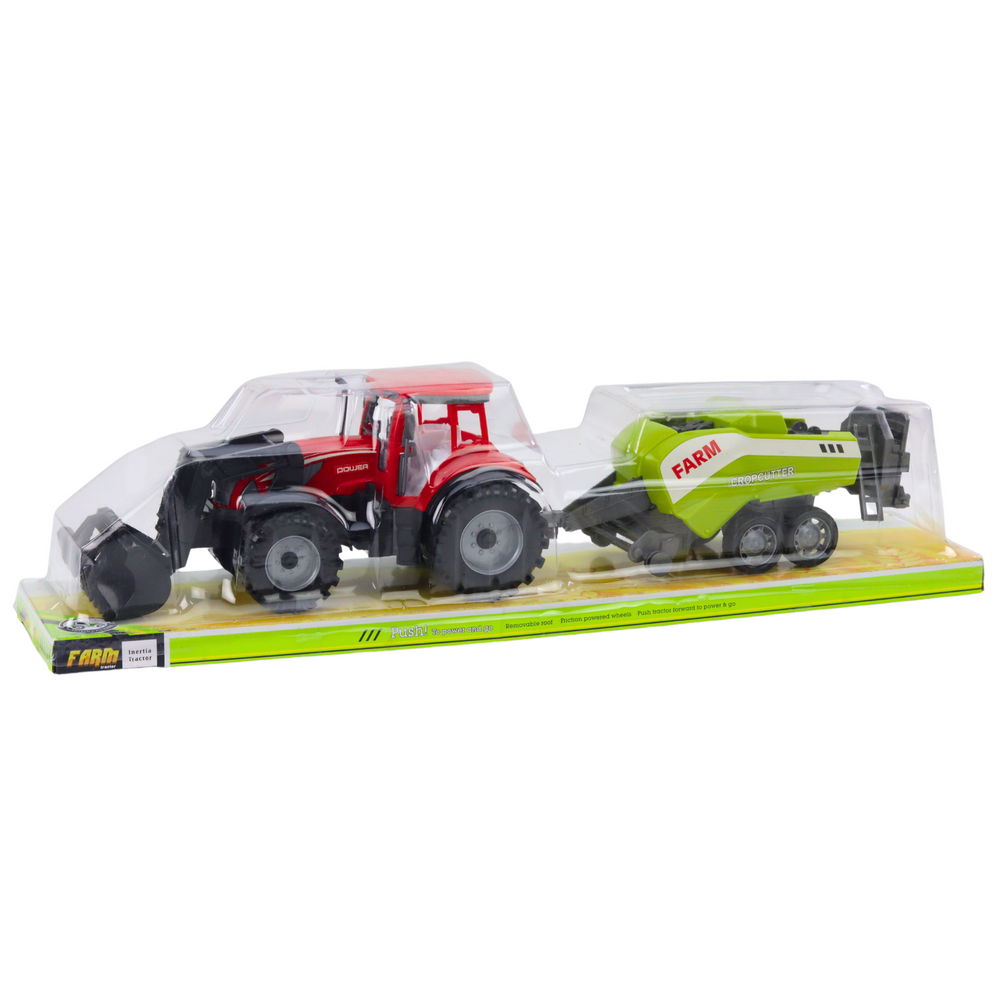 Traktor s nakladačem a lisem na slámu – červený
