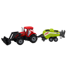 Traktor s nakladačem a lisem na slámu – červený