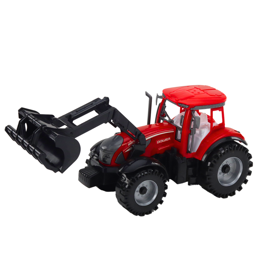 Traktor s nakladačem a lisem na slámu – červený