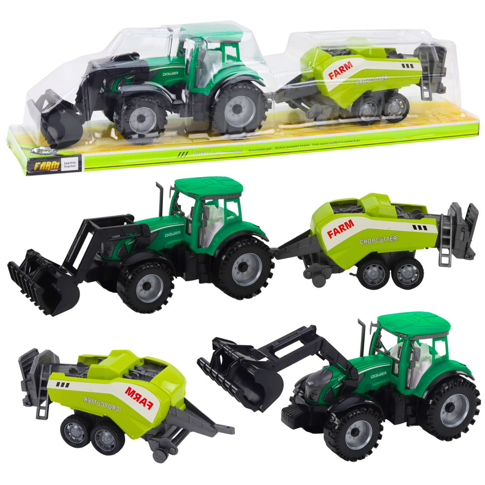 Traktor s nakladačem a zemědělským lisem – zelený
