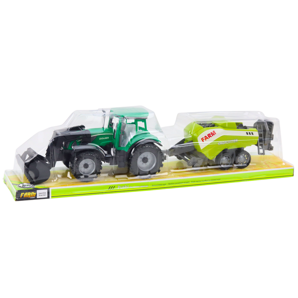 Traktor s nakladačem a zemědělským lisem – zelený
