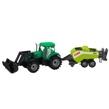 Traktor s nakladačem a zemědělským lisem – zelený