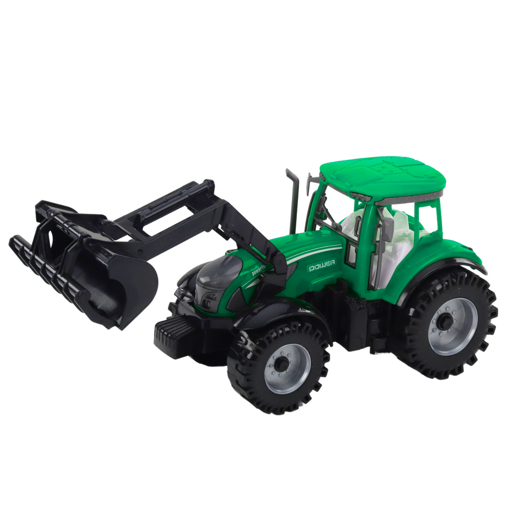 Traktor s nakladačem a zemědělským lisem – zelený
