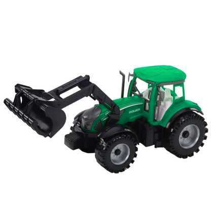 Traktor s nakladačem a zemědělským lisem – zelený