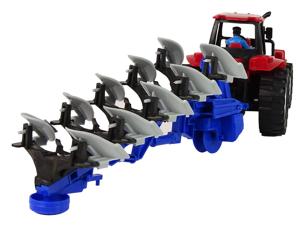 Traktor s pluhem plastový červený modrý farma 42 cm