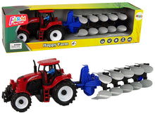 Traktor s pluhem plastový červený modrý farma 42 cm