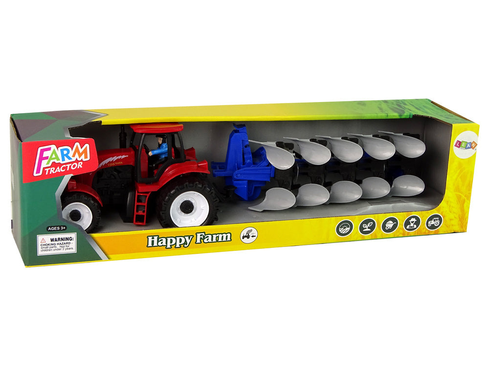 Traktor s pluhem plastový červený modrý farma 42 cm