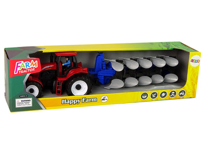 Traktor s pluhem plastový červený modrý farma 42 cm