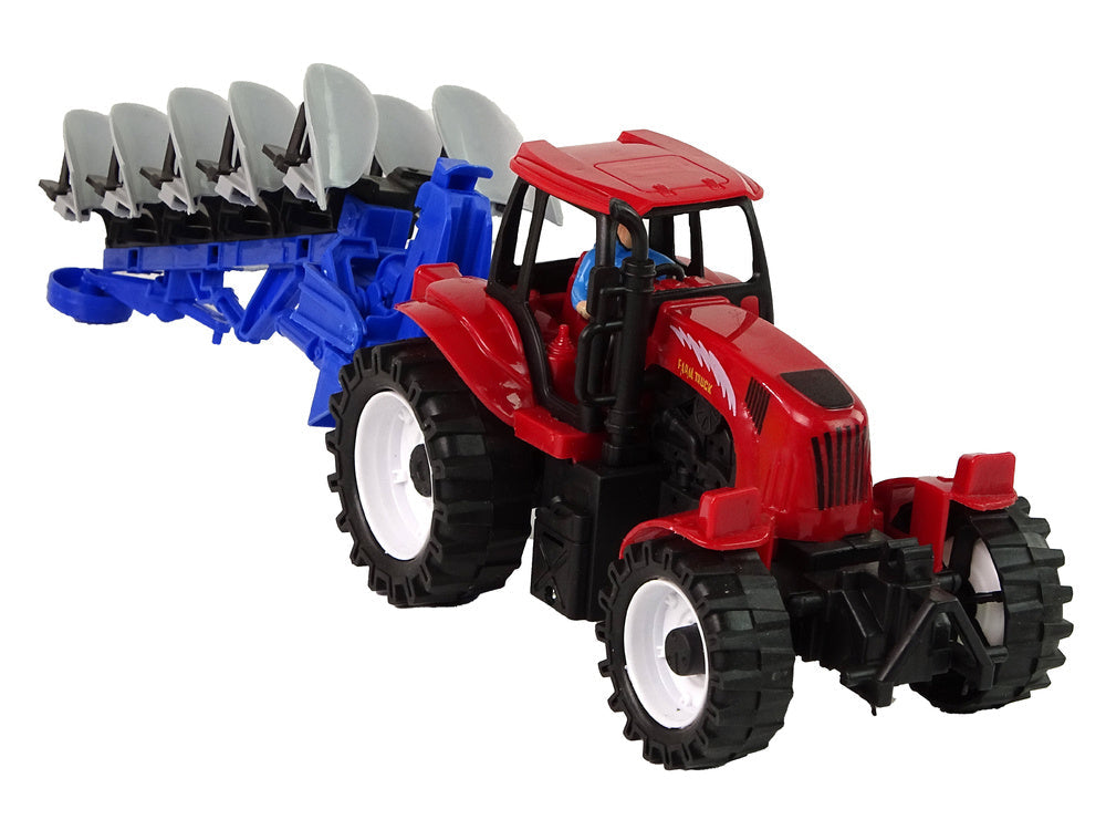 Traktor s pluhem plastový červený modrý farma 42 cm