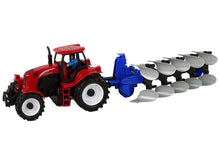 Traktor s pluhem plastový červený modrý farma 42 cm