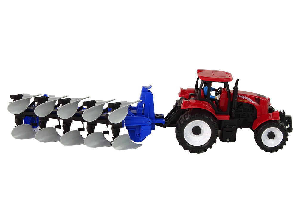 Traktor s pluhem plastový červený modrý farma 42 cm