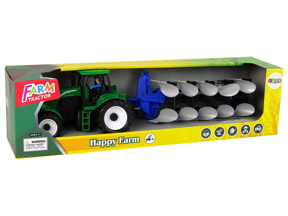 Traktor s pluhem plastový farma zelený modrý 42 cm