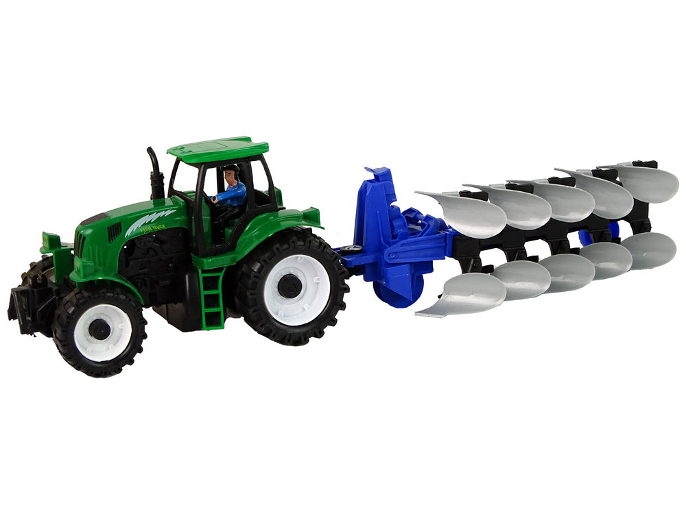 Traktor s pluhem plastový farma zelený modrý 42 cm