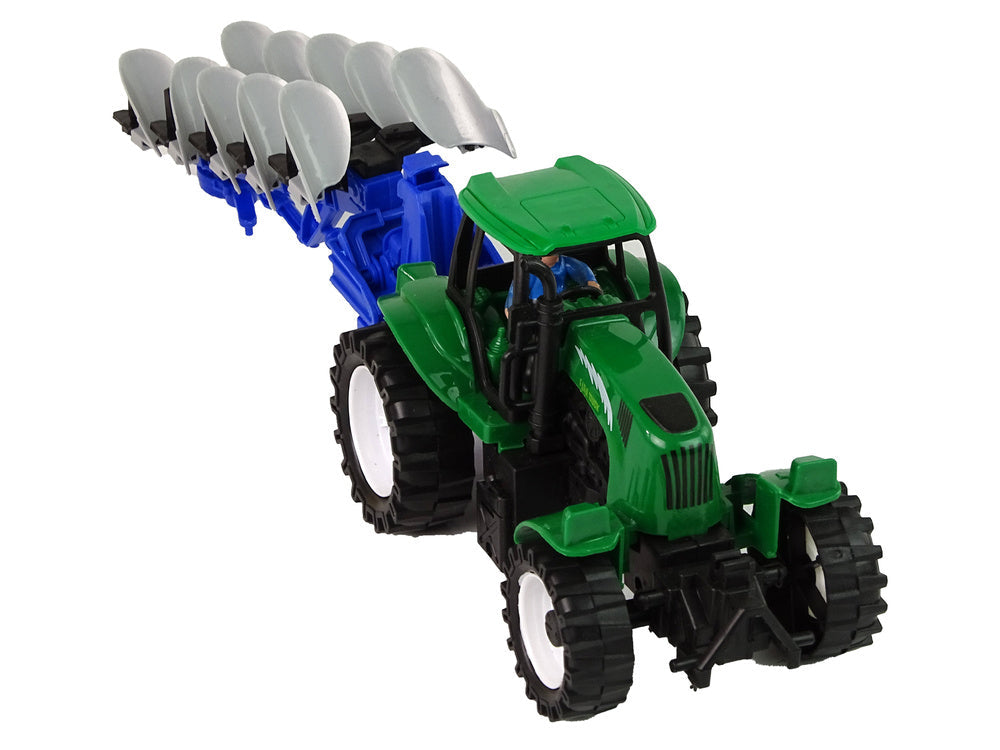 Traktor s pluhem plastový farma zelený modrý 42 cm