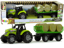 Traktor s přívěsem a balíky sena se zvuky zelený