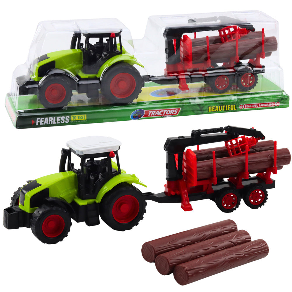 Traktor s přívěsem a hydraulickým jeřábem na přepravu dřeva