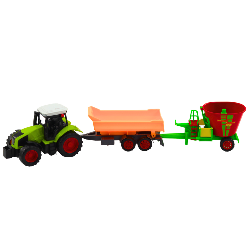 Traktor s přívěsem a krmným vozem sada zemědělských strojů