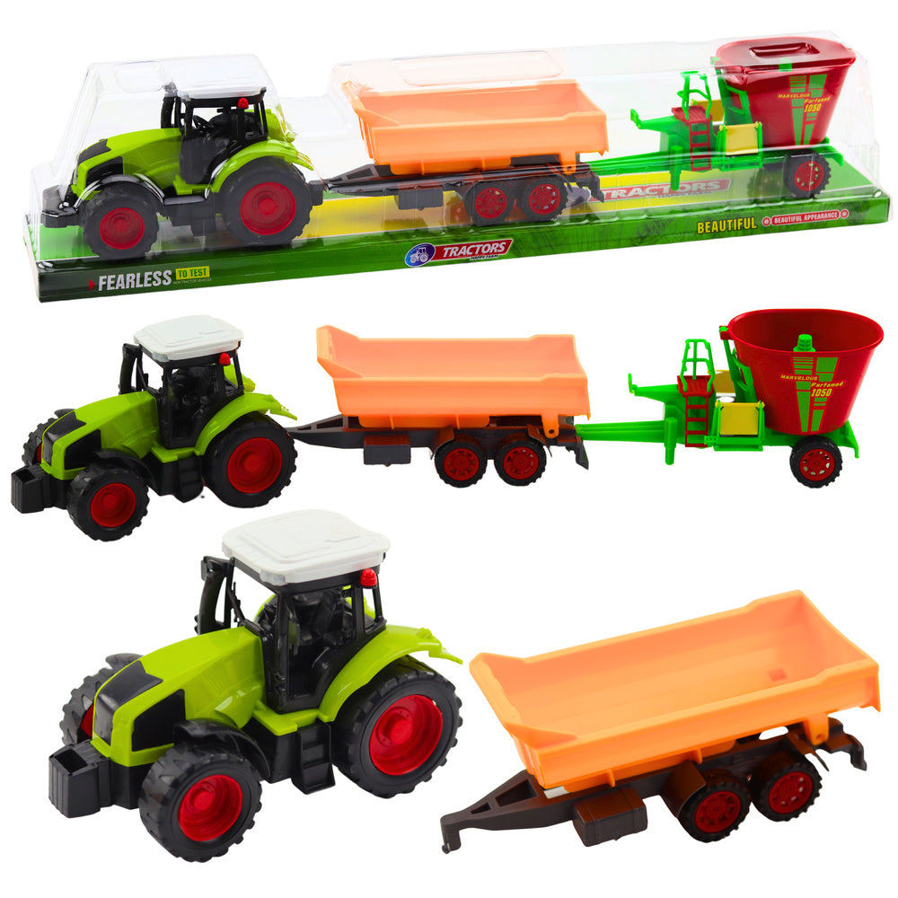 Traktor s přívěsem a krmným vozem sada zemědělských strojů