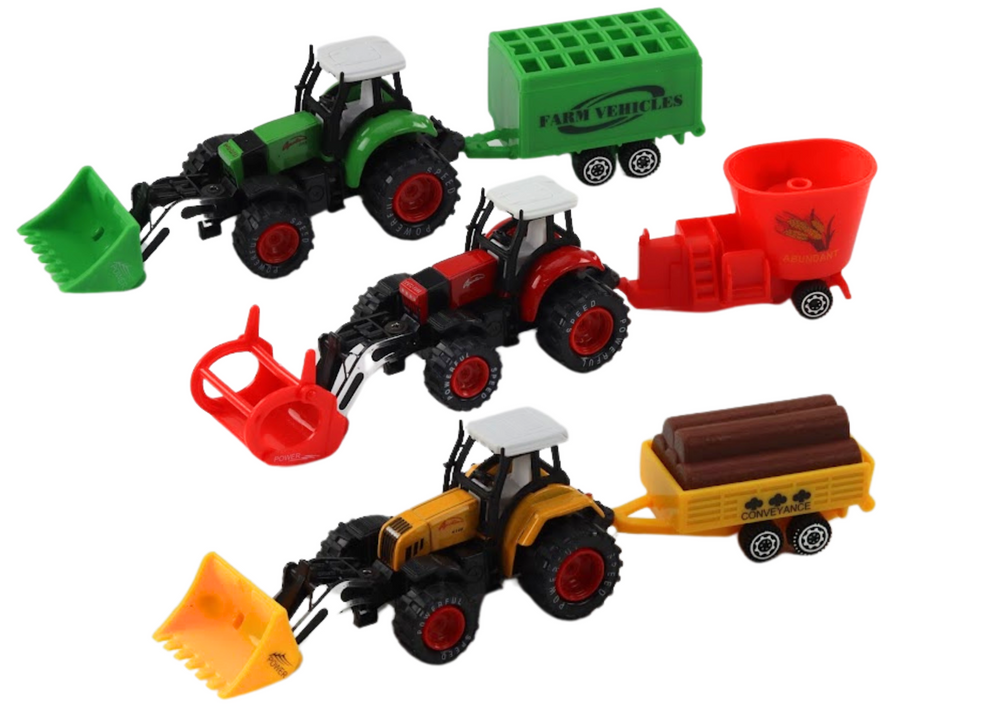 Traktor s přívěsem a radlicí pro děti – žlutý zelený červený
