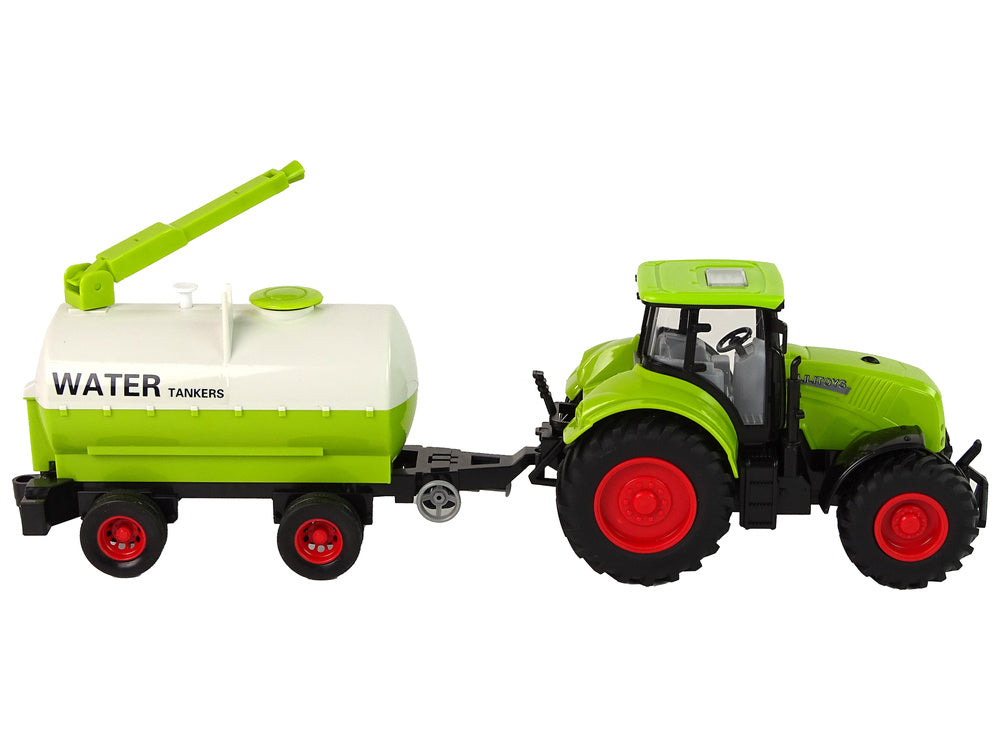 Traktor s přívěsem a velkými koly se světly a zvuky zelený
