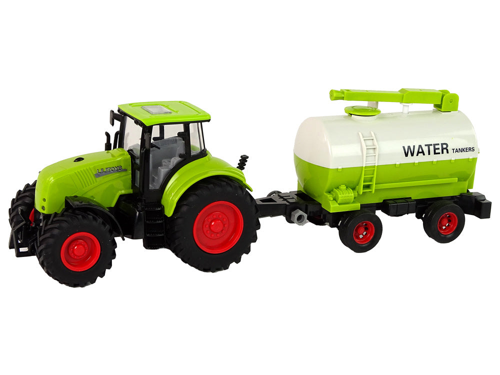 Traktor s přívěsem a velkými koly se světly a zvuky zelený
