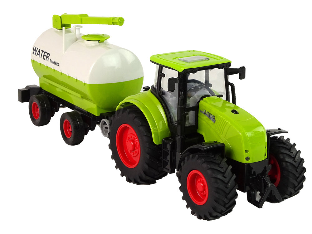 Traktor s přívěsem a velkými koly se světly a zvuky zelený