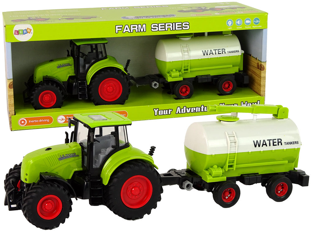 Traktor s přívěsem a velkými koly se světly a zvuky zelený