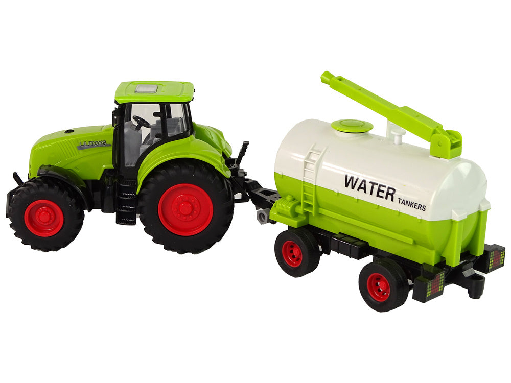 Traktor s přívěsem a velkými koly se světly a zvuky zelený