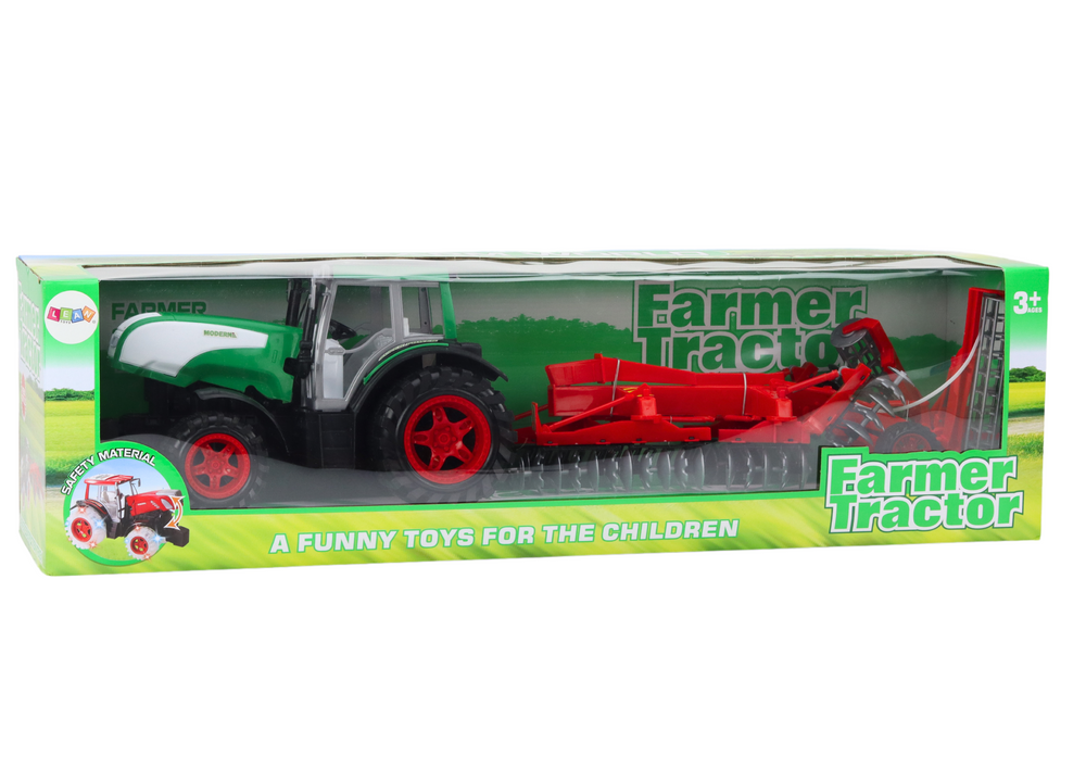 Traktor s přívěsem a zemědělskými stroji válec sekačka černozelený