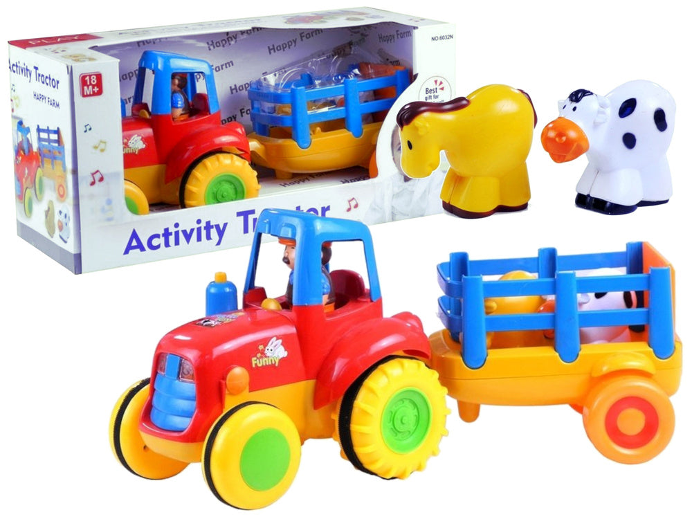 Traktor s přívěsem a zvířátky se světly a zvuky