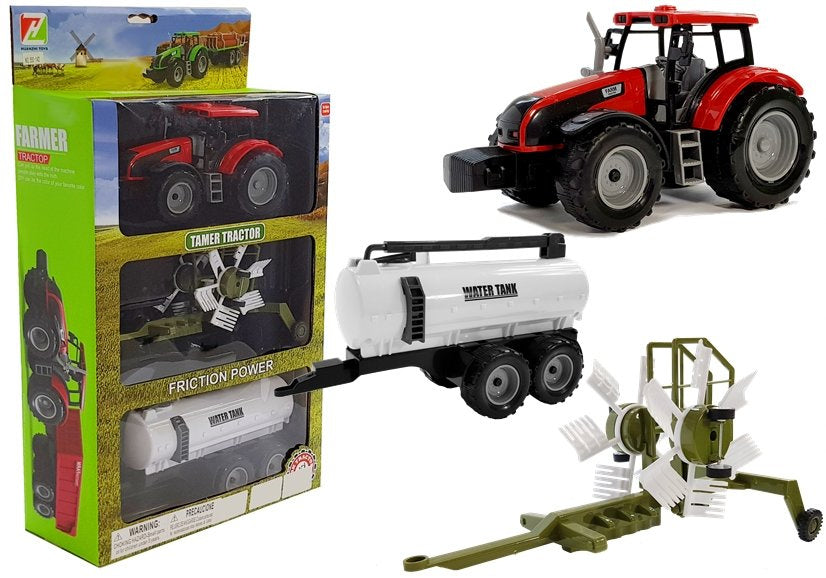 Traktor s přívěsem hrabičkami a cisternou červený