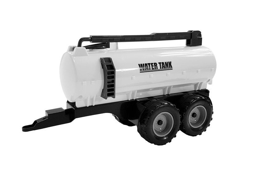 Traktor s přívěsem hrabičkami a cisternou červený