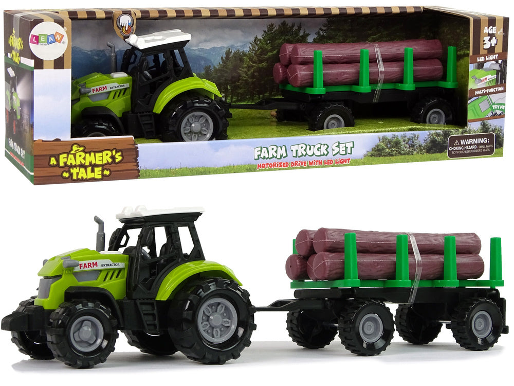 Traktor s přívěsem na dřevo se zvuky a světly zelený