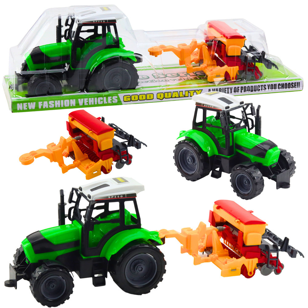 Traktor s secím strojem rolnická souprava zelený červeno žlutý