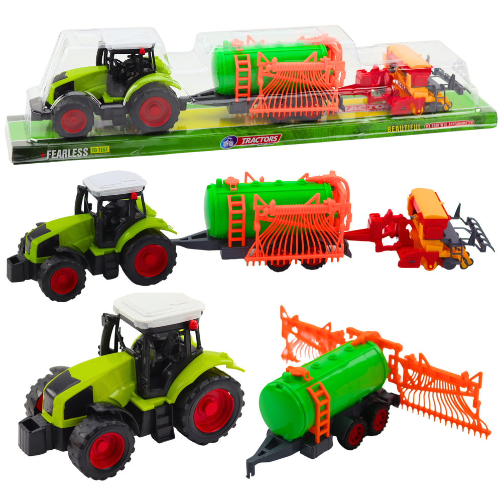 Traktor zemědělský s cisternou a shrabovačem sena zelený