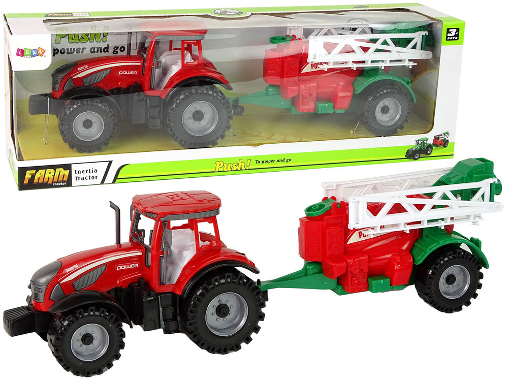 Traktor zemědělský s postřikovačem na setrvačník červený
