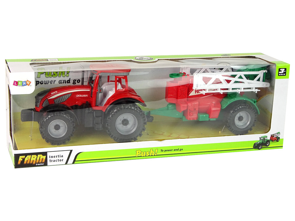 Traktor zemědělský s postřikovačem na setrvačník červený