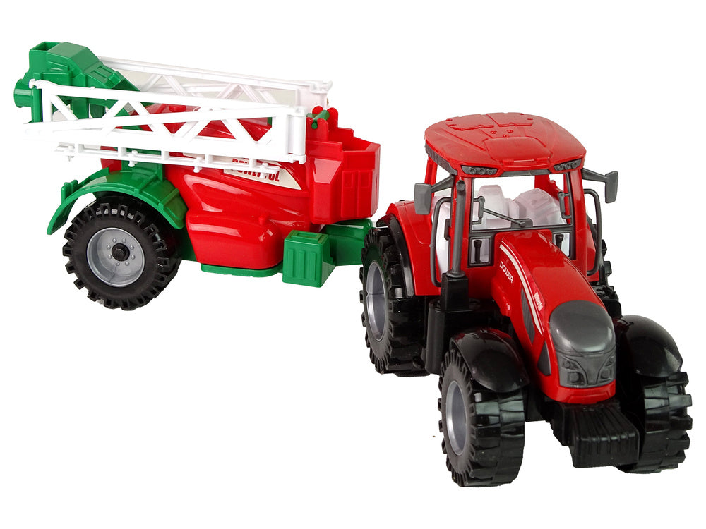 Traktor zemědělský s postřikovačem na setrvačník červený