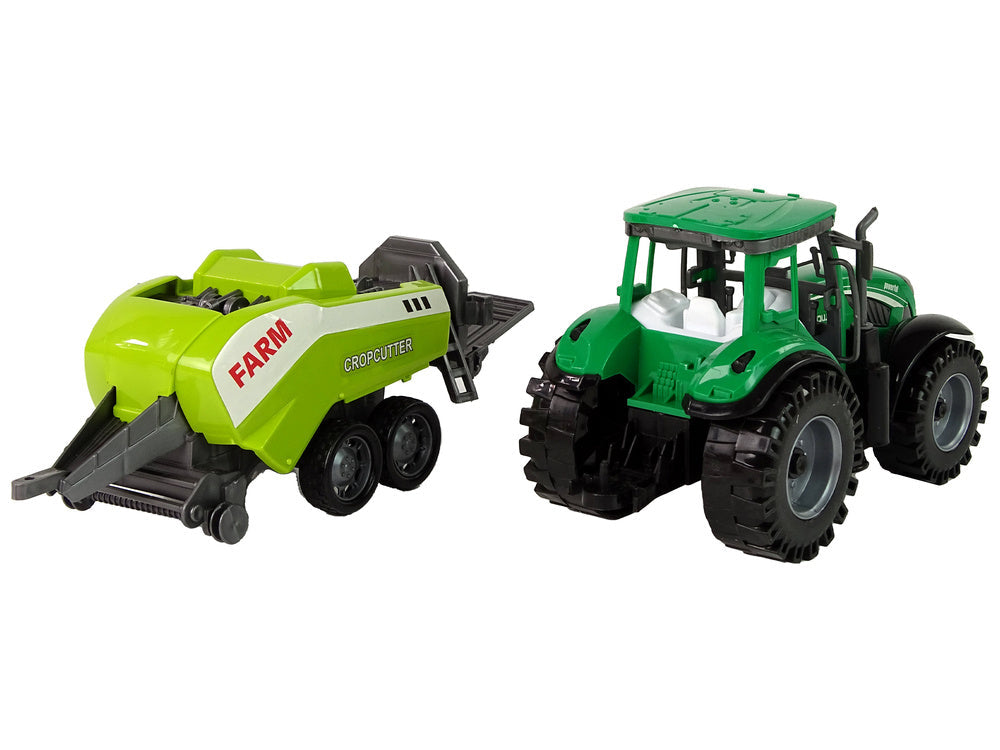 Traktor zemědělský se secím strojem na setrvačník zelený