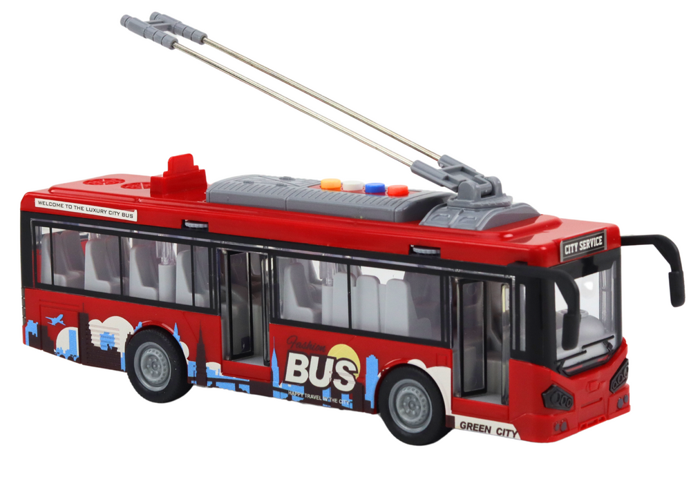 Trolejbus 1:16 s efekty světla a zvuku pohon červený