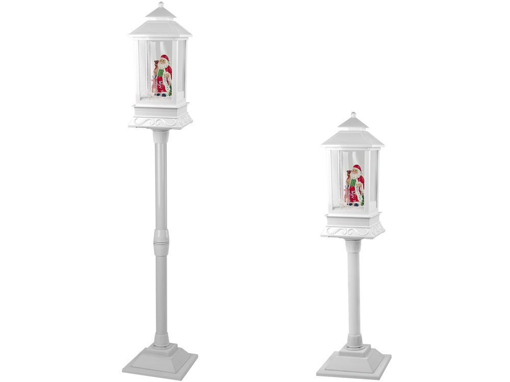 Vánoční lampa lucerna se Santa Clausem – bílá s padajícím sněhem