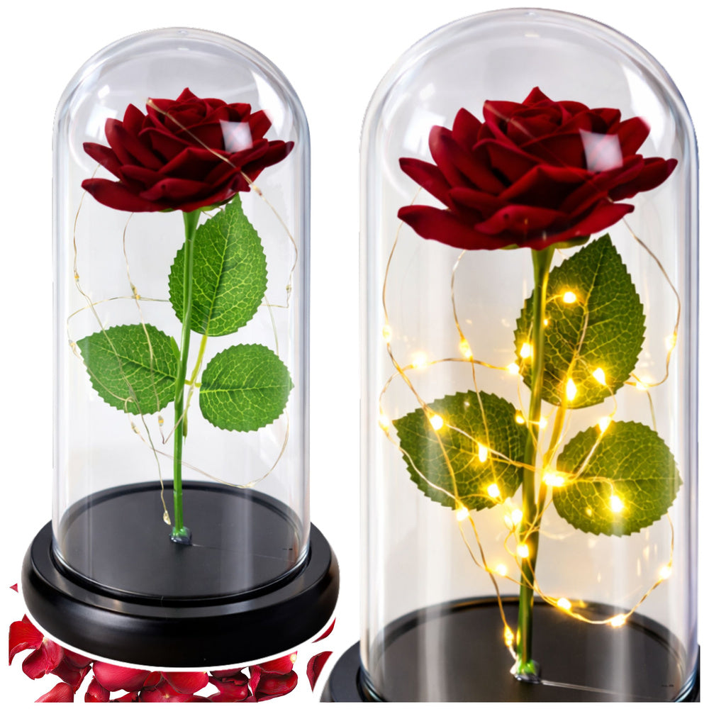 Věčná růže v kopuli s LED osvětlením červená 21x11cm