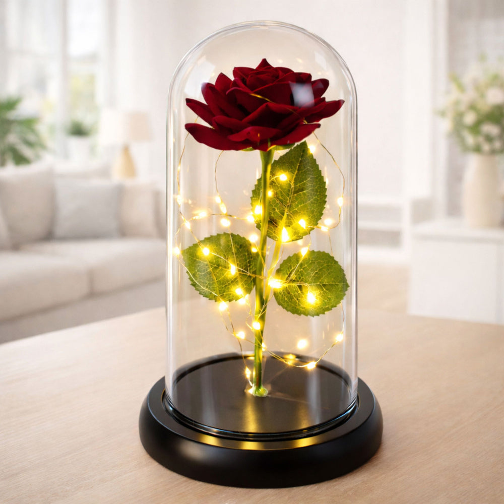 Věčná růže v kopuli s LED osvětlením červená 21x11cm