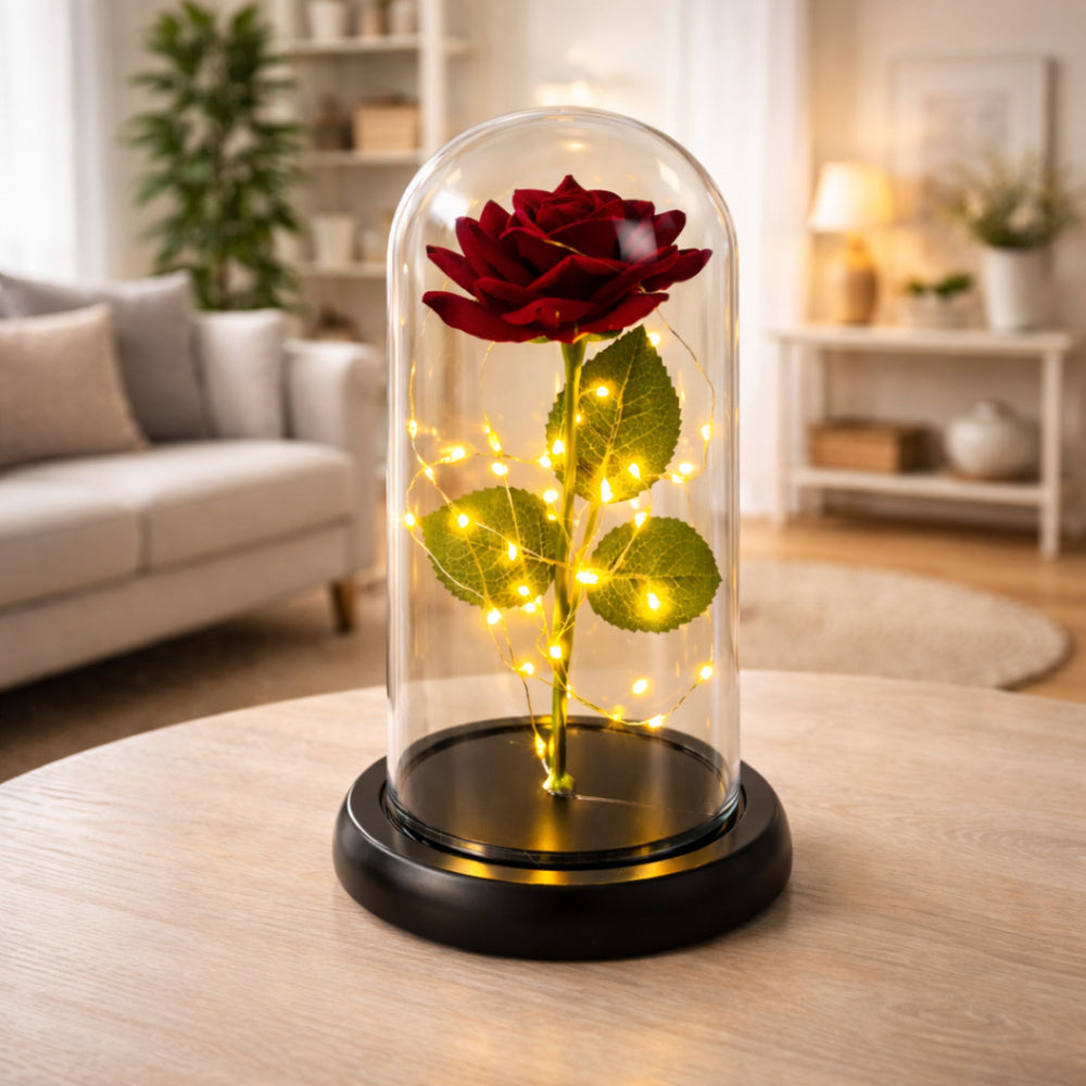 Věčná růže v kopuli s LED osvětlením červená 21x11cm