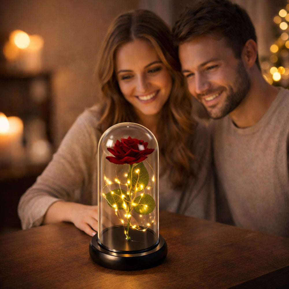 Věčná růže v kopuli s LED osvětlením červená 21x11cm