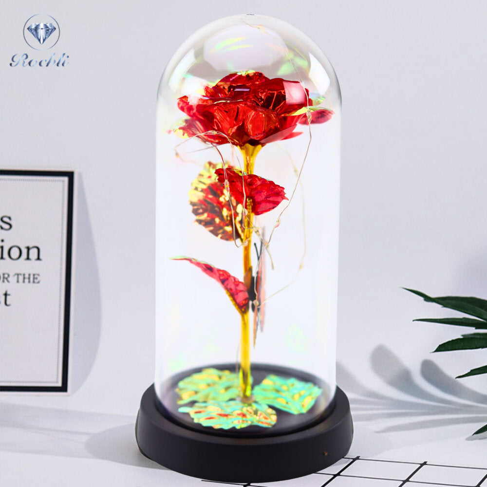 Věčná růže ve skleněné kopuli s LED osvětlením červená 21x11cm